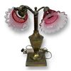 Image 1 : Antique Art Nouveau Brass Table Lamp + Cranberry Glass Shades