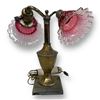 Image 2 : Antique Art Nouveau Brass Table Lamp + Cranberry Glass Shades