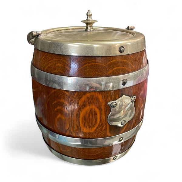 Antique Oak Ceramic Lined Lidded Biscuit Barrel With Shield