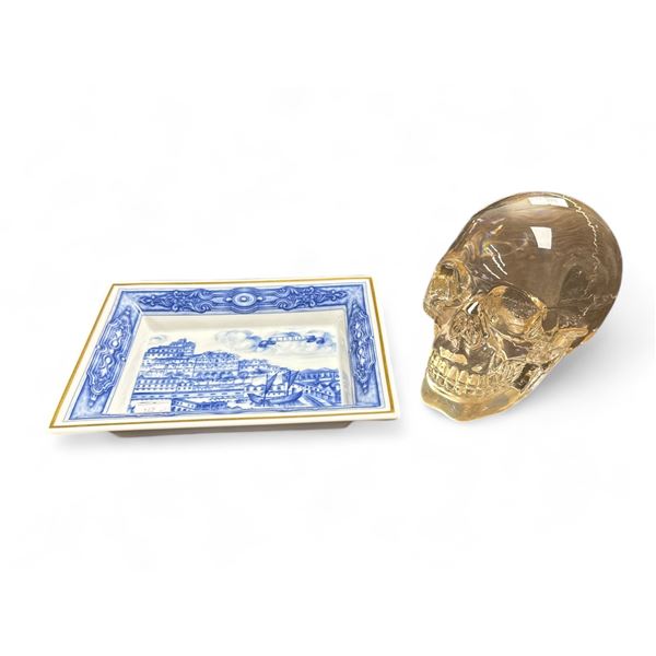 2Pc Collectibles: Resin Skull  + Blue/White Portuguese Dish