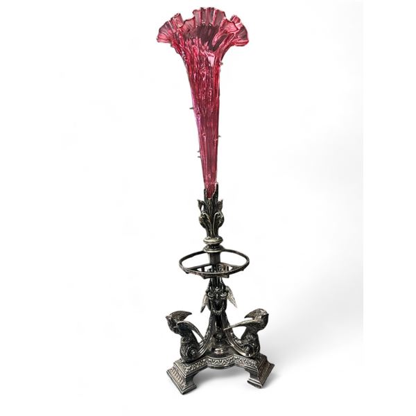 Antique Victorian Cranberry Glass Center Piece With Bird Motifs