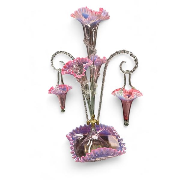 Stunning Opalescent Cranberry Epergne With Hanging Baskets