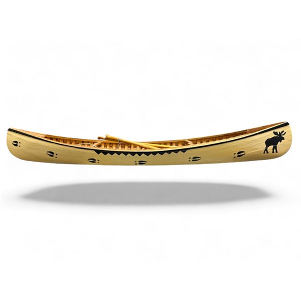 Handmade Wooden Canoe With Bear And Moose Paintings