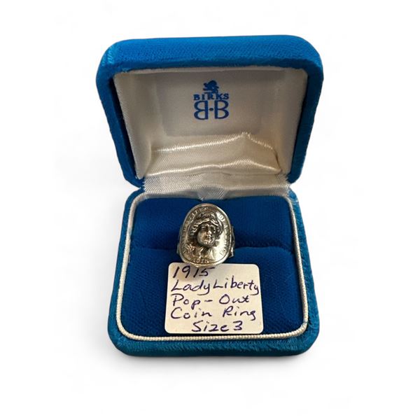 Antique 1915 Lady Liberty Pop Out Coin Sterling Ring Size 3