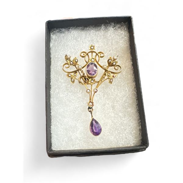 Antique Amethyst Seed Pearl Lavaliere Pendant 9Ct Gold