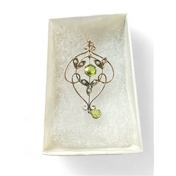 Antique 9Ct Gold Peridot + Seed Pearl Lavaliere Pendant