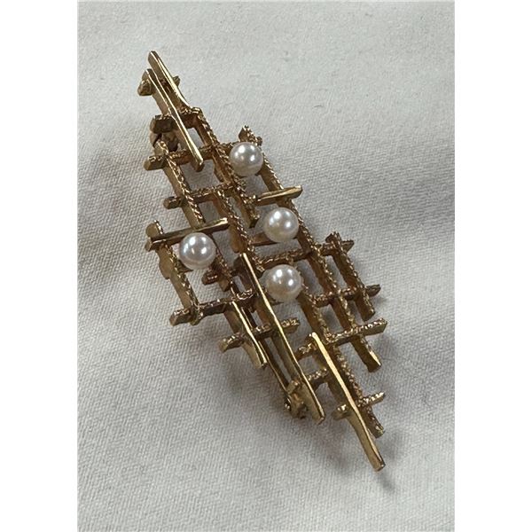 Vintage 10K Gold Pearl Modernist Brooch 5.7G