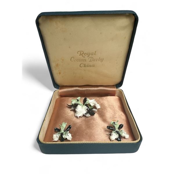 Vintage Set Of Royal Crown Derby Jewellery: Brooch + Earrings