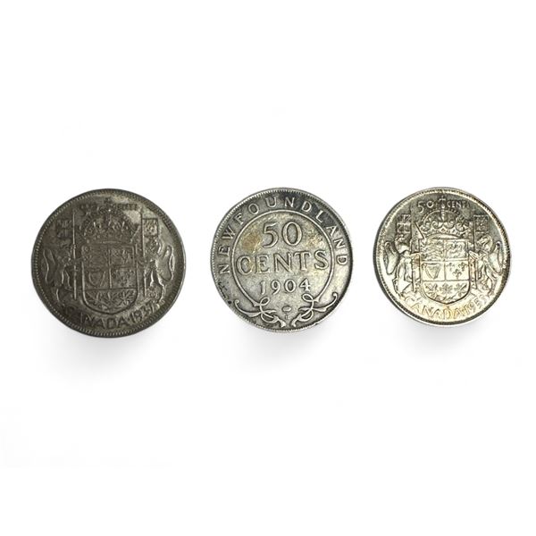 3 Vintage Canadian Silver 50Cent Coins: 1904, 1937, 1953