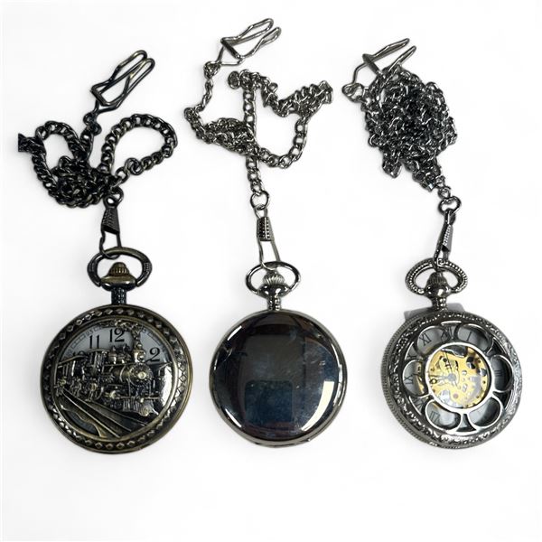 3 Pocket Watches: 2 Are Quartz, 1 Train Theme, 1 Skeleton Theme