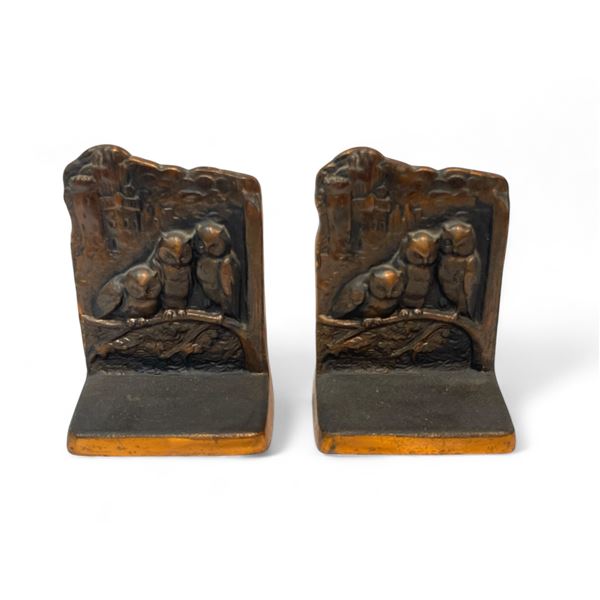 Pair Of Vintage Cast Metal Owl Theme Bookends