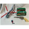 Image 1 : Assorted Vintage Toys: Cap Gun, Tin Trains, Tin Helicopter