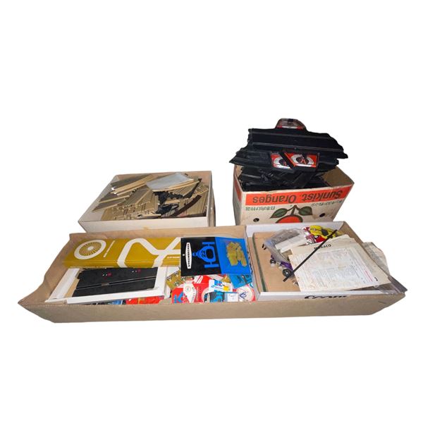 3 Boxes Of Slot Car Related Items: Track, Wheels, Tires, Wiring, & More