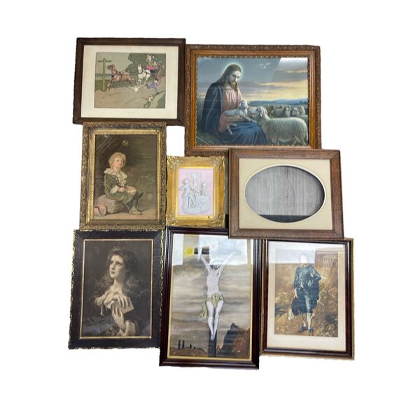 7 Assorted Vintage Prints And 1 Empty Frame