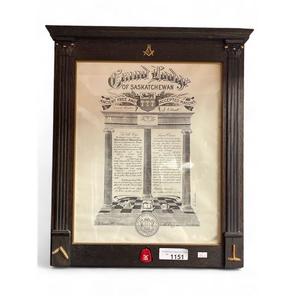 Antique Framed Free Masons Certificate In Original Frame