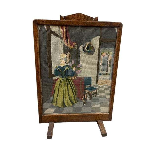 Vinatage Oak Needle Point Fire Place Guard