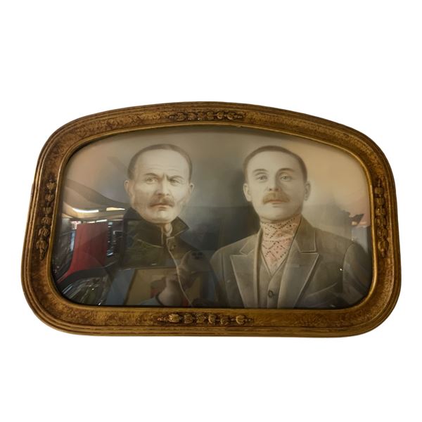 Vintage Portrait Print Of 2 Men In Convex Glass Frame