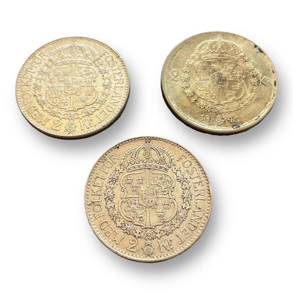 3 Assorted Silver Sweden 2 Kronor Coins: 1924, 1938, 1945
