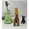 Image 1 : 5Pcs Of Vintage Collectibles: Oil Lamp, Cast Iron Dog, Foo Dog Seals, & Lady Lamp