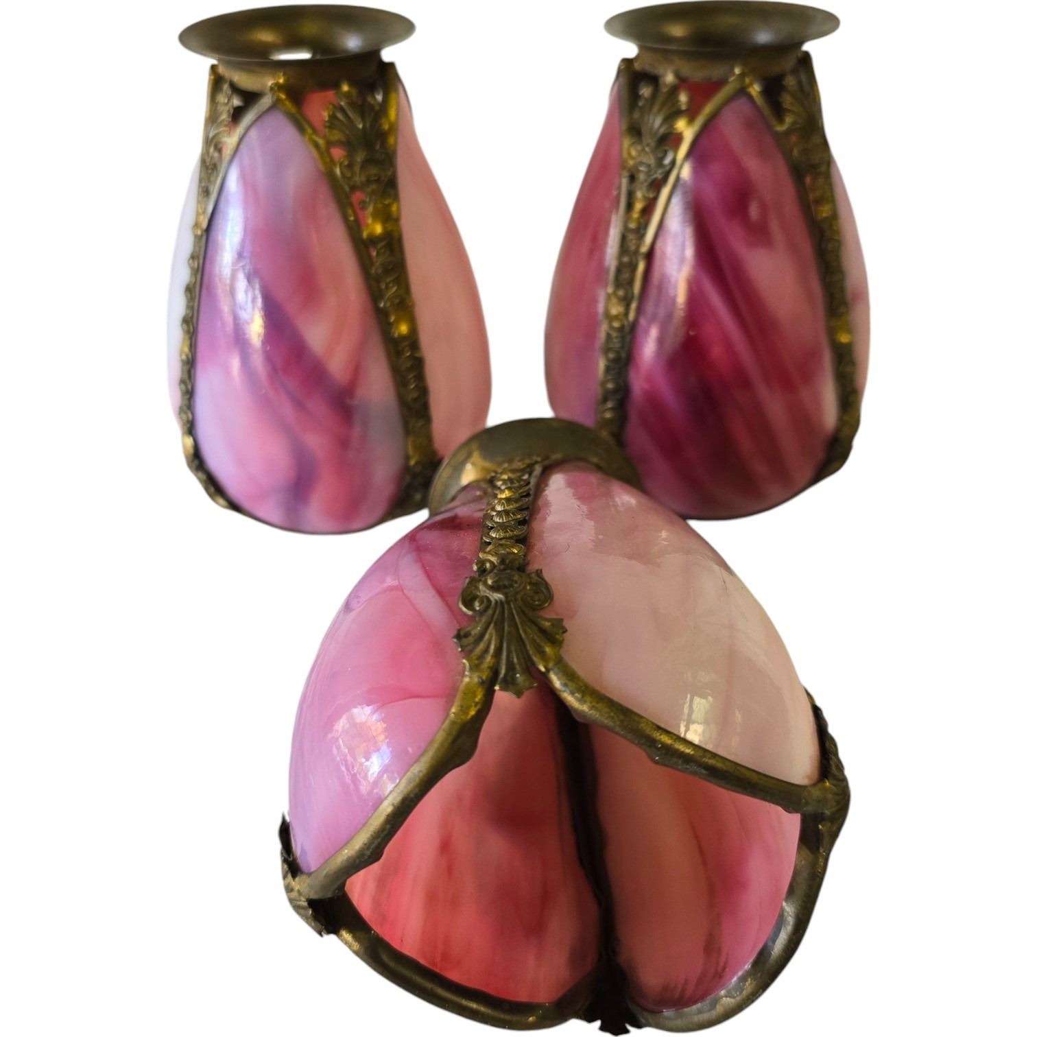 3 Vintage Pink Stain Slag Glass Lamp Shades