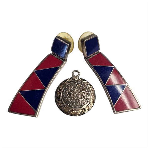 Pair of .950 Silver Enamel Earrings & Mexico .925 Silver Pendant