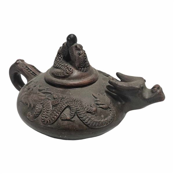 Vintage Asian Dragon Motif Pottery Teapot