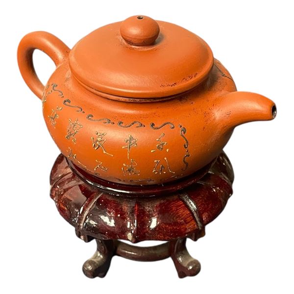 Vintage Asian Pottery Teapot With Wooden Stand