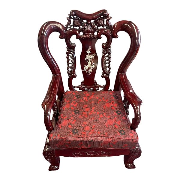 Heavy Ornately Carved Asian Arm Chair With  Mother of Pearl Inlay 2 of 2