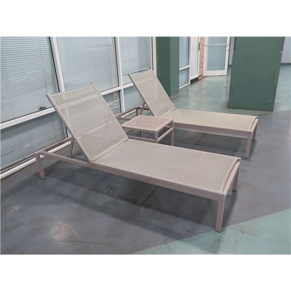 Qty 2 Kettal Mesh Deck Lounge Chairs 74" x 24" x 13"H w/ Matching Table 19" x 19" x 16"H
