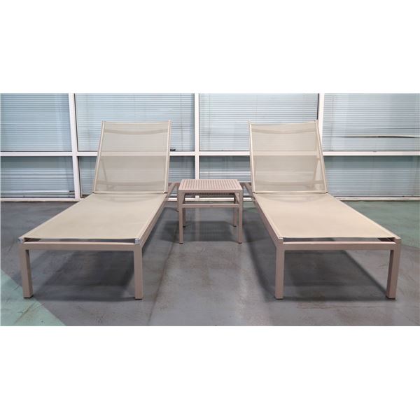 Qty 2 Kettal Mesh Deck Lounge Chairs 74  x 24  x 13 H w/ Matching Table 19  x 19  x 16 H