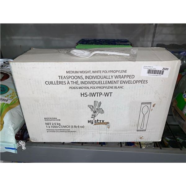 CASE LOT - Hy Stix Medium Weight White Polypropyline Teaspoons - individually Wrapped 1000 COunt