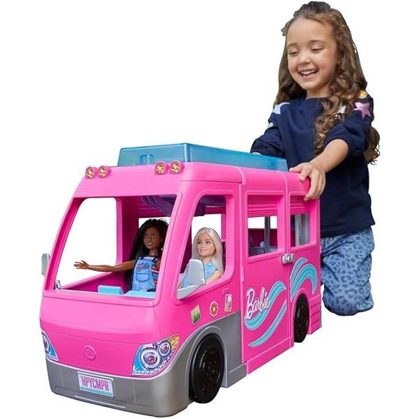 Barbie Camper Playset, DreamCamper Toy Vehicle with 60 Accessories Including Furniture, Pool and 30-
