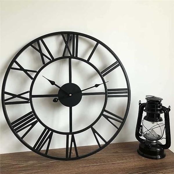 Large Modern Metal Wall Clocks,Round Nearly Silent Little Ticking Battery Operated Black Roman Numer