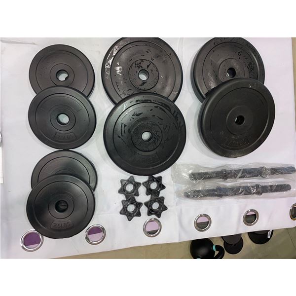 Lot of Weights 4 - 2.5lbs Plates 4 - 7.5lbs Plates and 2 Barbells