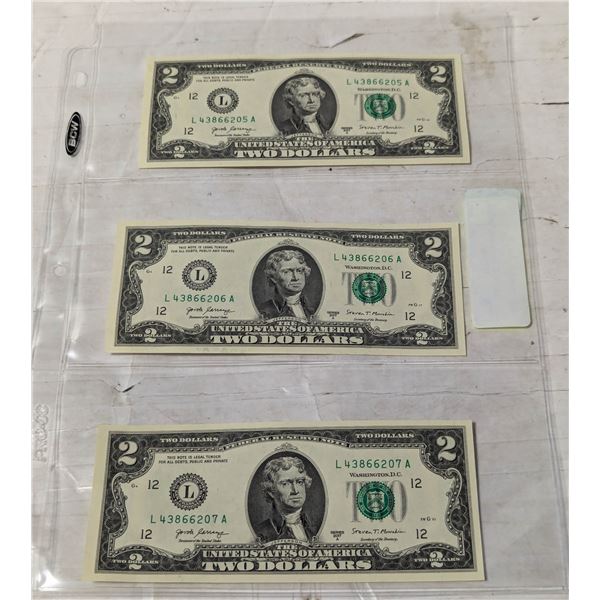 3 CONSECUTIVE US $2 NOTES