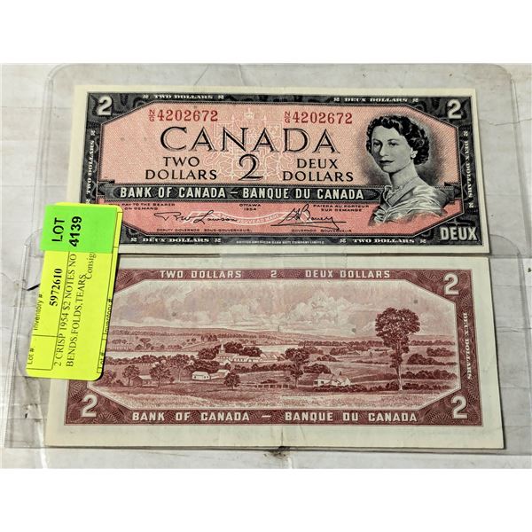 2 CRISP 1954 $2 NOTES NO BENDS.FOLDS,TEARS