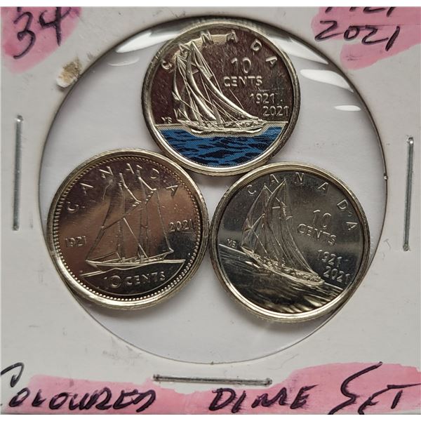 9)  3 CANADIAN DIMES, CELEBRATING 100 YEARS OF