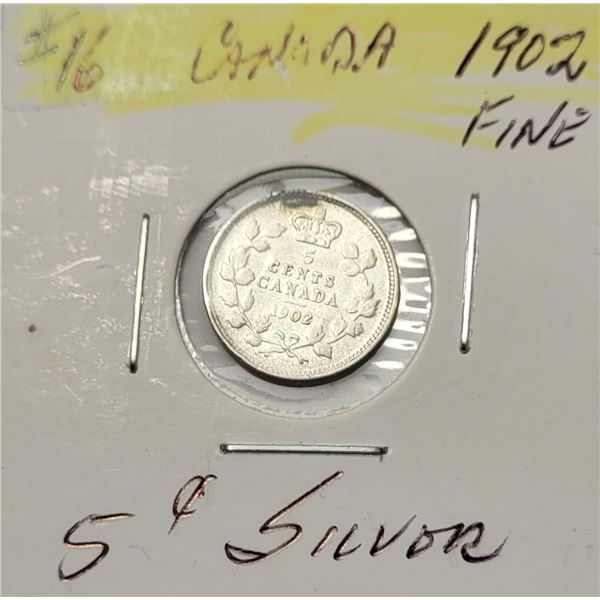 6)  CANADIAN 5 CENT 1902 NICKEL 92.5% SILVER