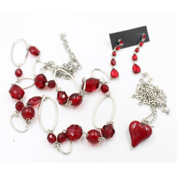 2 RED NECKLACES & EARINGS - ESTATE