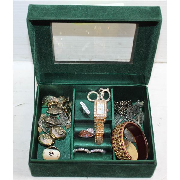 GREEN VELVET JEWELRY BOX FULL OF ESTATE JEWELRY