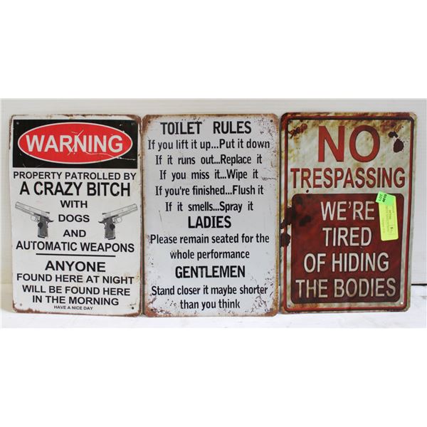 LOT OF 3 METAL NOVELTY SIGNS