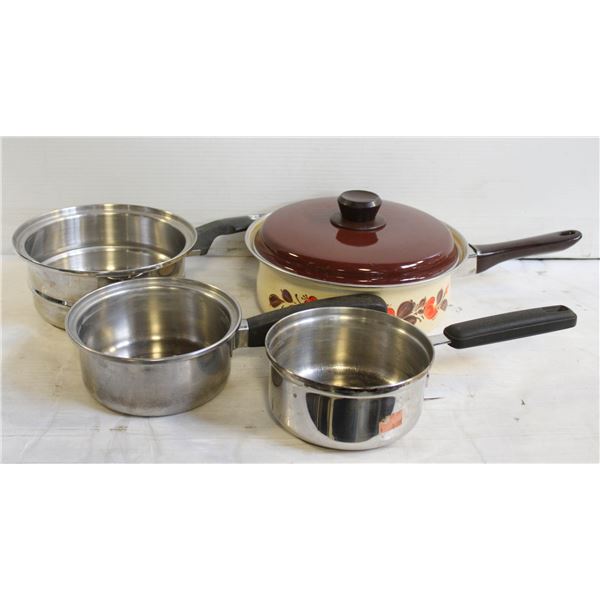 4 COOKING POTS, STAINLESS STEEL AND ENAMEL