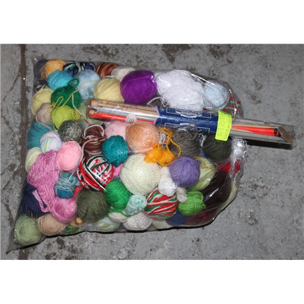 LOT OF ASSORTED YARN + NEEDLES
