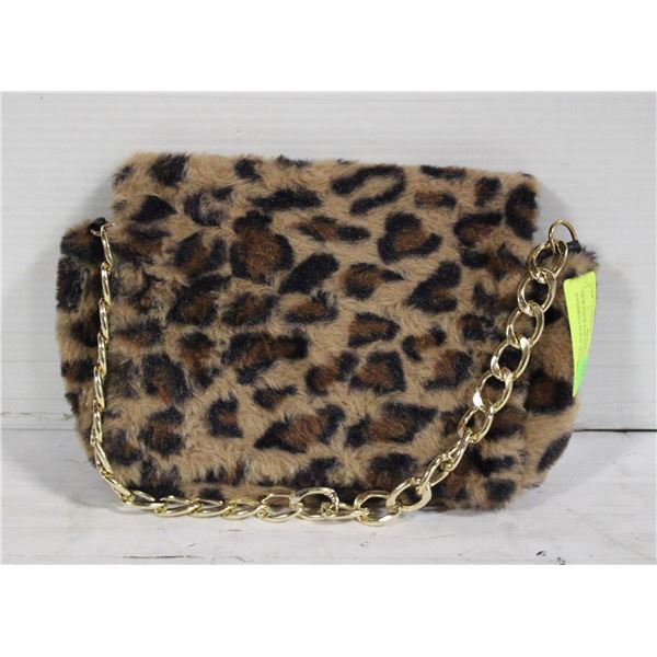 NEW FAUX FUR ANIMAL PRINT HANDBAG PURSE WITH GOLD