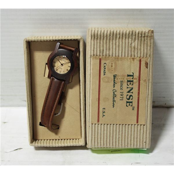 NEW TENSE WOODEN WRIST WATCH WITH BROWN LEATHER