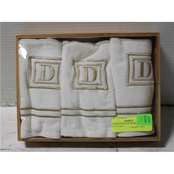 EMBROIDERED "D" HAND TOWELS- NEW IN BOX