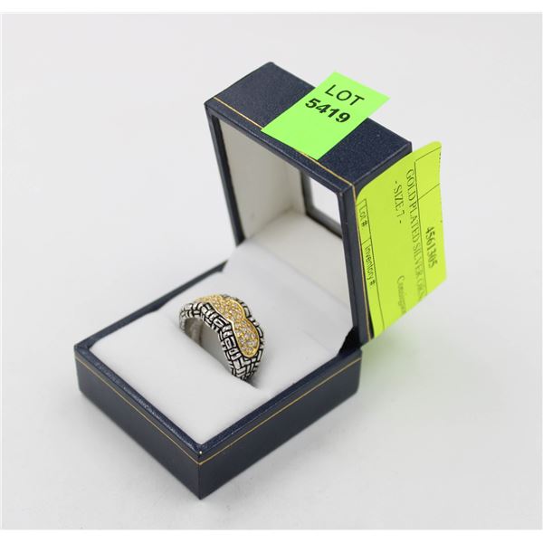 GOLD PLATED SILVER ORNATE RING - SIZE 7 -