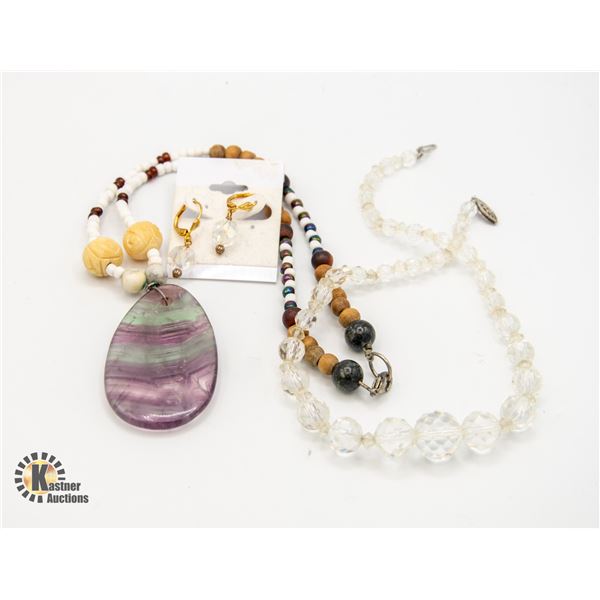 VINTAGE CRYSTAL BEAD NECKLACE, MATCHING EARRINGS &