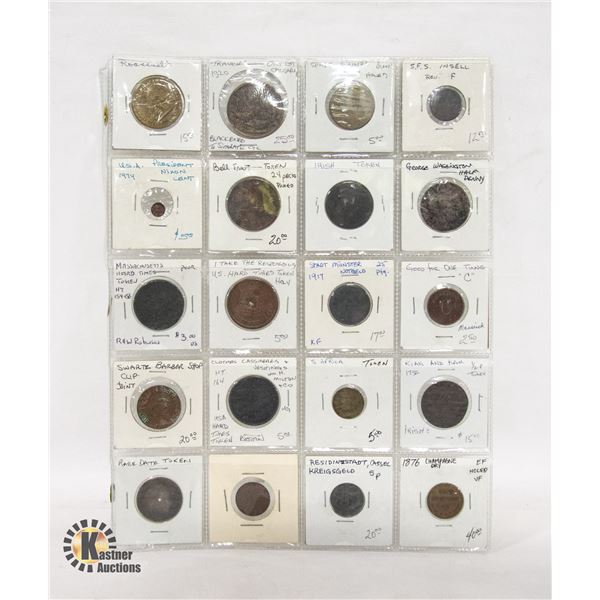 20 OLD VARIOUS TOKENS, COINS, MEDALS ETC.