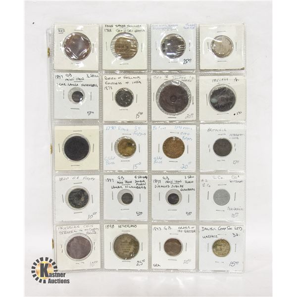 20 OLD VARIOUS TOKENS, COINS, MEDALS ETC.
